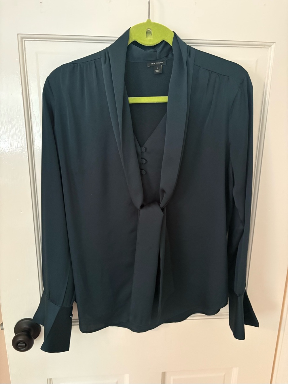 Ann Taylor Teal Tie-Neck Long Sleeve Blouse